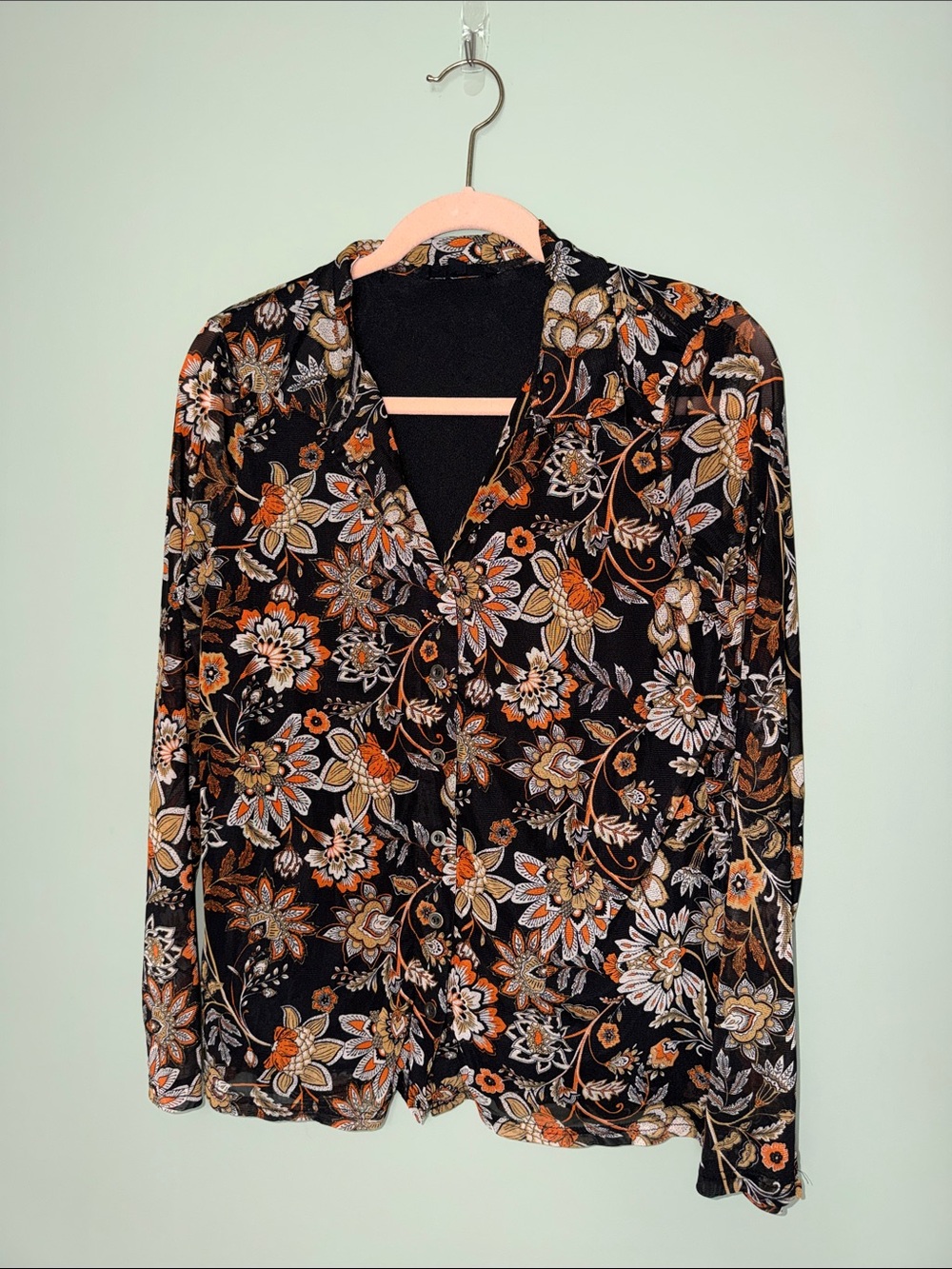 Jane & Delancey Floral Button Front Blouse Medium Black Long Sleeve Boho